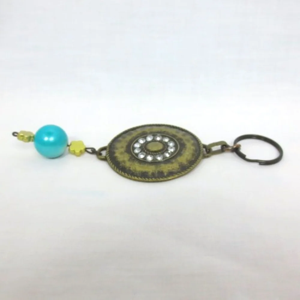New Handmade Keychain Bag Charm Beaded Boho Antique Brass Rhinestones Faux Gem